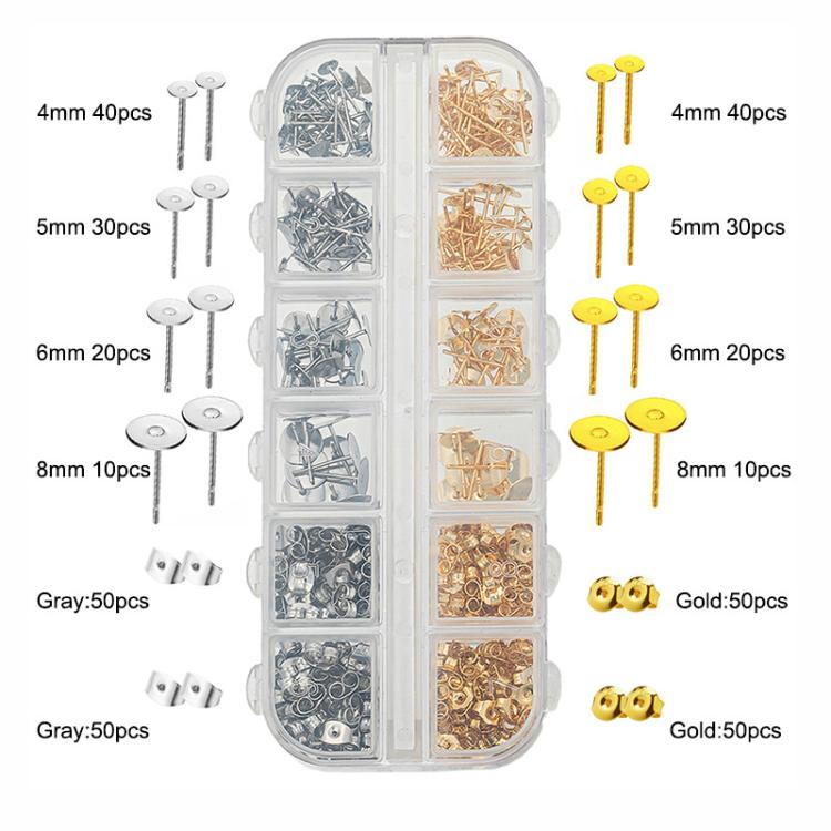 Kit da 400 pezzi (perni e chiusure per orecchini): 200 perni a perno piatto in 4 misure (4-8 mm) e 200 chiusure a farfalla.