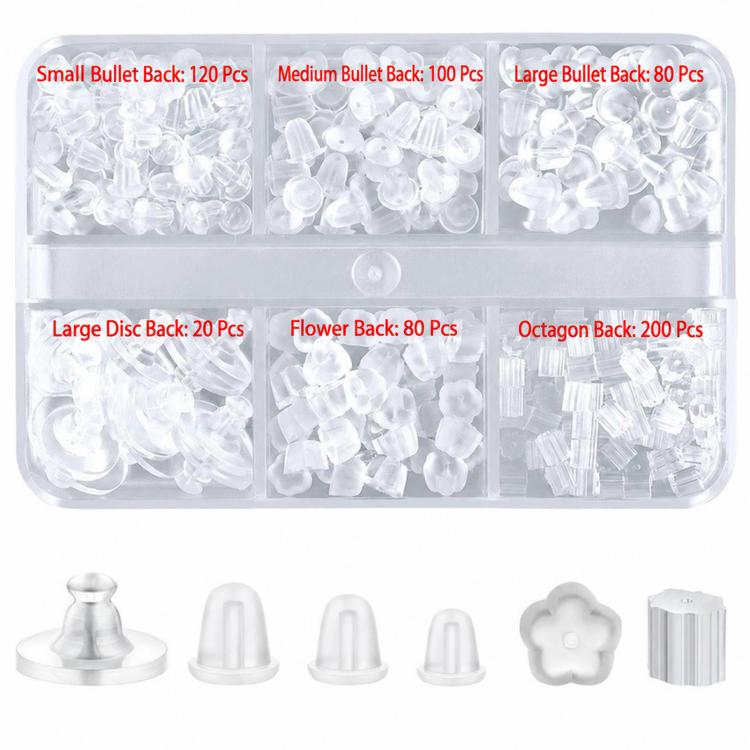 Kit di chiusure per orecchini in silicone trasparente – Assortimento di gommini morbidi, 600 PCS/Box Standard, 600 PCS/Box Novelty Shaped, 300 PCS/Box Hamburger & Disc