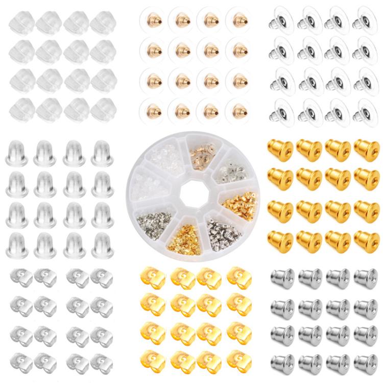 Kit di ricambio per chiusure degli orecchini da 620 pezzi/scatola, 5 stili: a proiettile, a farfalla, a disco, con cuscinetti e chiusure in silicone.