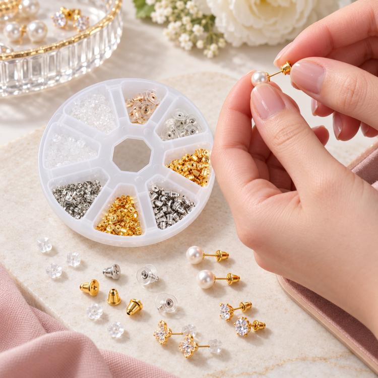 Kit di ricambio per chiusure degli orecchini da 620 pezzi/scatola, 5 stili: a proiettile, a farfalla, a disco, con cuscinetti e chiusure in silicone.