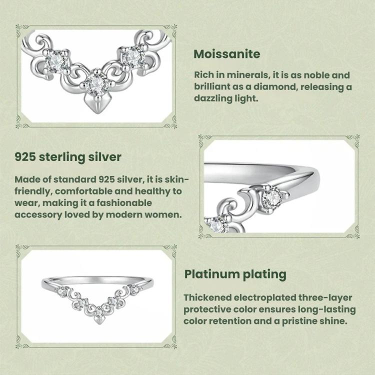 S925 Sterling Silver V-Shaped Fleur-de-Lis Moissanite Ring, 6 US Size, 7 US Size, 8 US Size