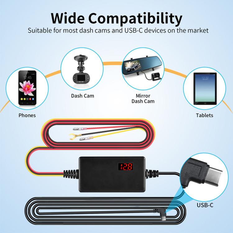 Digital Display Type-C 12V/24V to 5V 3A 3-Wire Adjustable Hardwire Kit for Car Chargers, Right-angle Plug Universal, Straight Plug Universal, Right-angle Plug Mini Fuse Tap, Straight Plug Mini Fuse Tap