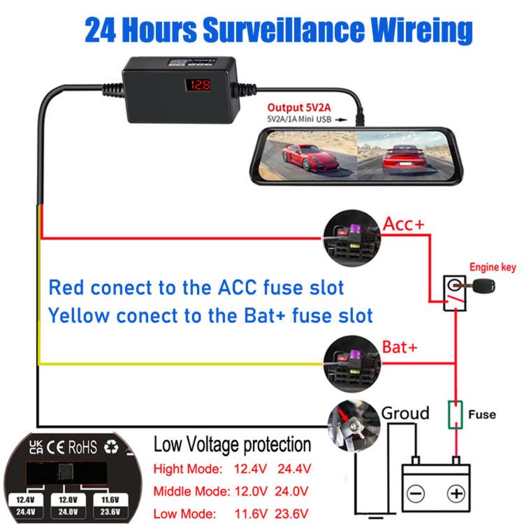 Digital Display Type-C 12V/24V to 5V 3A 3-Wire Adjustable Hardwire Kit for Car Chargers, Right-angle Plug Universal, Straight Plug Universal, Right-angle Plug Mini Fuse Tap, Straight Plug Mini Fuse Tap