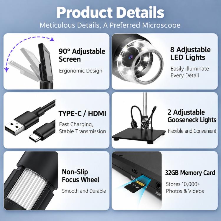 10.1 Inch Screen 20MP Digital Microscope 1500X Magnification HDMI-Compatible Output With 32GB SD Card