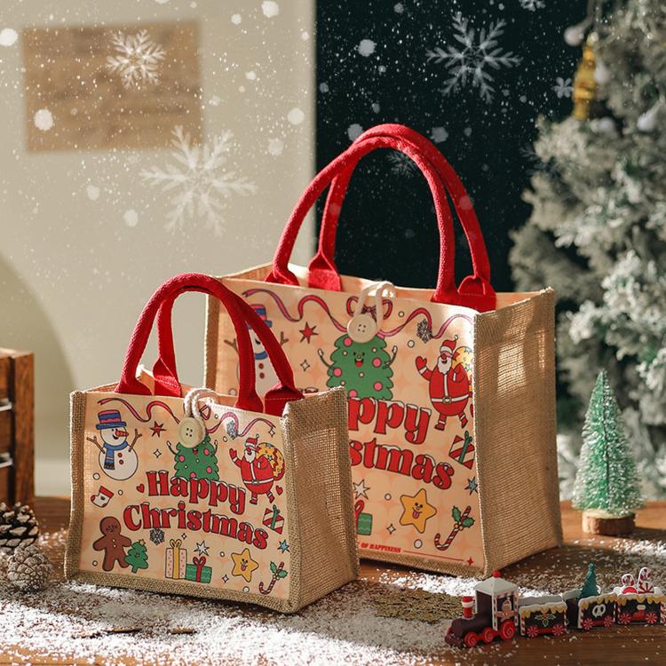 Christmas Jute Tote Bag Reusable Burlap Holiday Gift Bag With Button Closure, Large Red, Small Red, Large Green, Small Green
