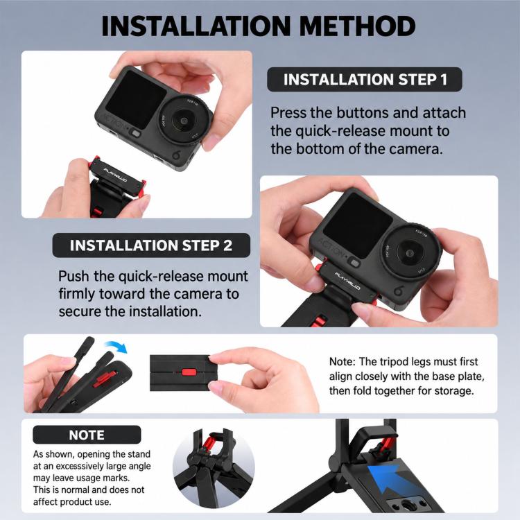 Flymile Magnetic Quick-Release Tripod & Rotating Carabiner Mount, For DJI Osmo Action 3 / 4 / 5 Pro, For DJI Osmo Action 6 / Nano / 360 II