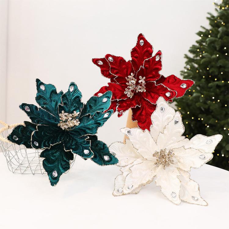 Artificial Flower Christmas Tree Ornament Festive Rhinestone-Embellished Flower Head Decorative Hanging Ornament
