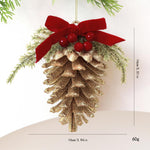 Gold Glitter Christmas Tree Ornament with Red Velvet Bow Pinecone Wreath Ball Hanging Decor, BOW-PINECONE, STAR-WREATH, HOLLOW-BALL, BOW-PENDANT
