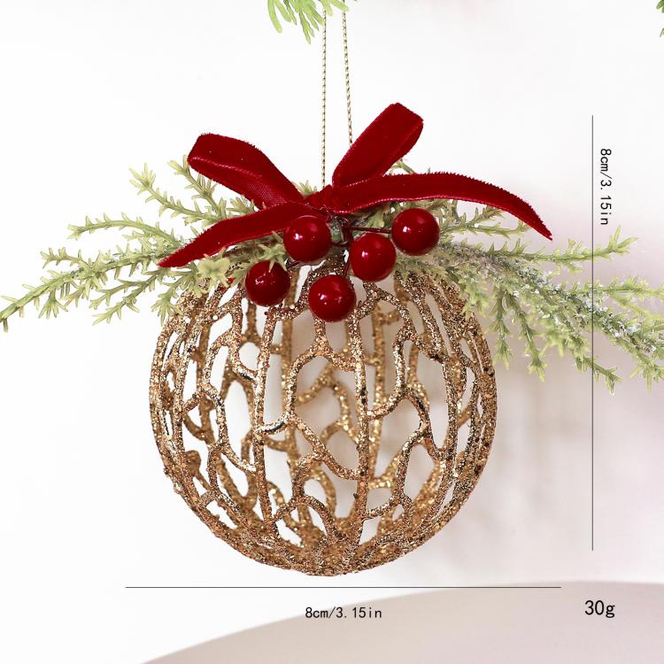 Gold Glitter Christmas Tree Ornament with Red Velvet Bow Pinecone Wreath Ball Hanging Decor, BOW-PINECONE, STAR-WREATH, HOLLOW-BALL, BOW-PENDANT