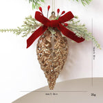 Gold Glitter Christmas Tree Ornament with Red Velvet Bow Pinecone Wreath Ball Hanging Decor, BOW-PINECONE, STAR-WREATH, HOLLOW-BALL, BOW-PENDANT