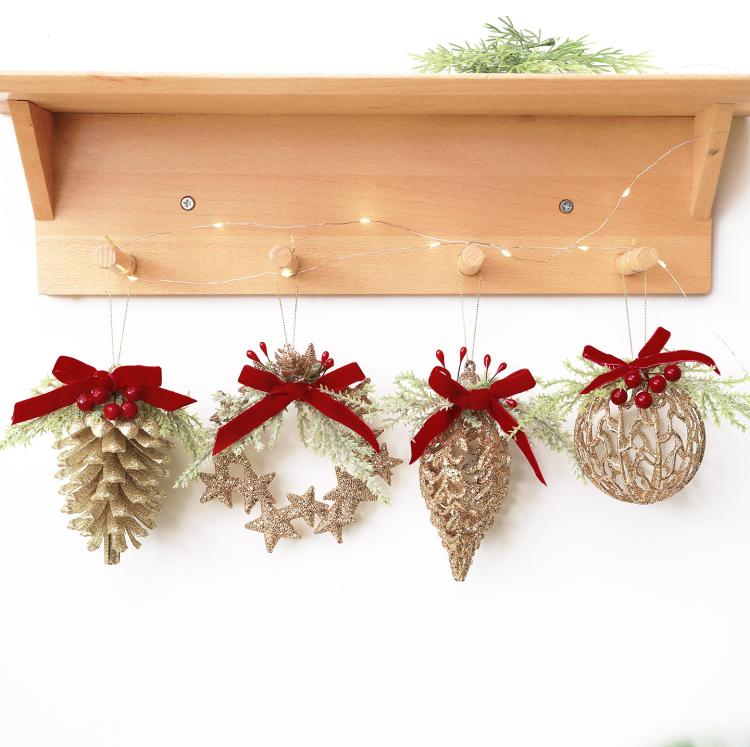Gold Glitter Christmas Tree Ornament with Red Velvet Bow Pinecone Wreath Ball Hanging Decor, BOW-PINECONE, STAR-WREATH, HOLLOW-BALL, BOW-PENDANT