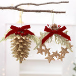 Gold Glitter Christmas Tree Ornament with Red Velvet Bow Pinecone Wreath Ball Hanging Decor, BOW-PINECONE, STAR-WREATH, HOLLOW-BALL, BOW-PENDANT