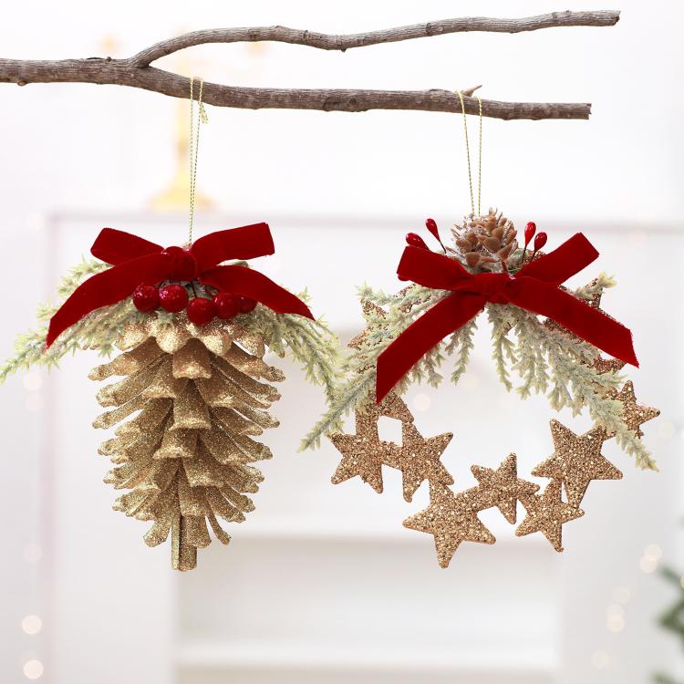 Gold Glitter Christmas Tree Ornament with Red Velvet Bow Pinecone Wreath Ball Hanging Decor, BOW-PINECONE, STAR-WREATH, HOLLOW-BALL, BOW-PENDANT