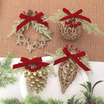 Gold Glitter Christmas Tree Ornament with Red Velvet Bow Pinecone Wreath Ball Hanging Decor, BOW-PINECONE, STAR-WREATH, HOLLOW-BALL, BOW-PENDANT