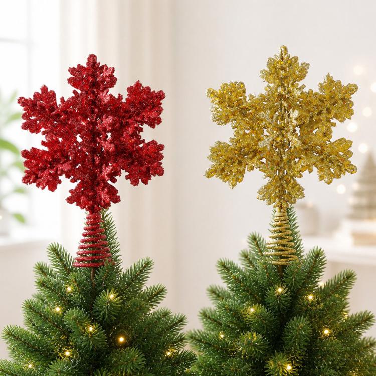Glitter Snowflake Wrought Iron Tree Top Star Christmas Tree Ornament Christmas Decoration, Glitter Snowflake (Gold), Glitter Snowflake (Red)