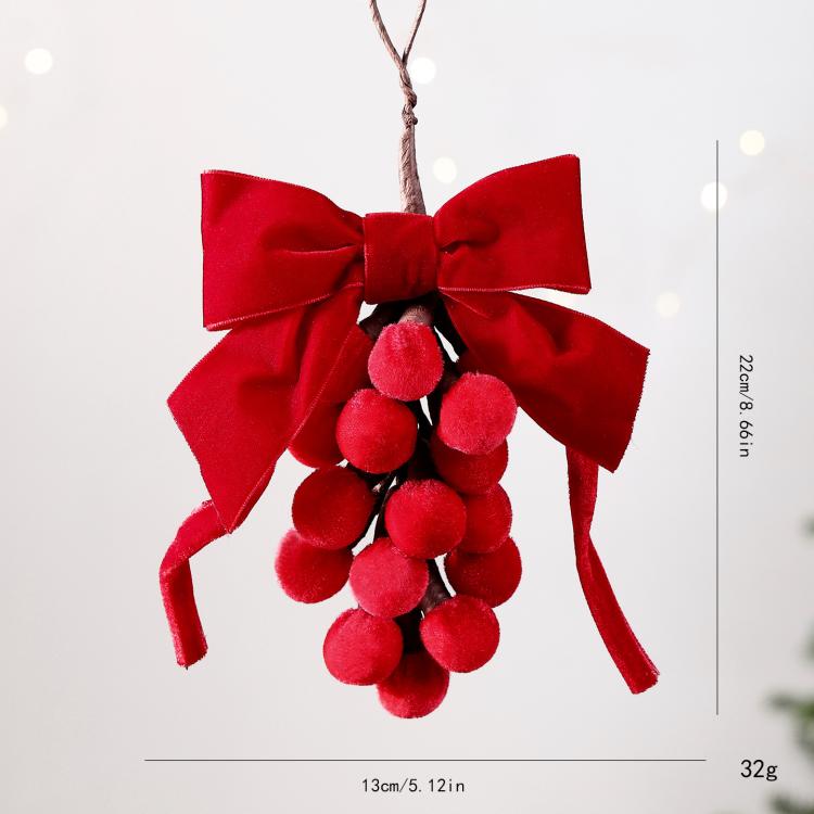 Red Velvet Bow Christmas Ornament Fabric Ball Cluster Berry Wreath Hanging Decor, Wreath, Grape Cluster