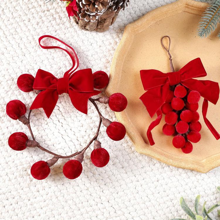 Red Velvet Bow Christmas Ornament Fabric Ball Cluster Berry Wreath Hanging Decor, Wreath, Grape Cluster