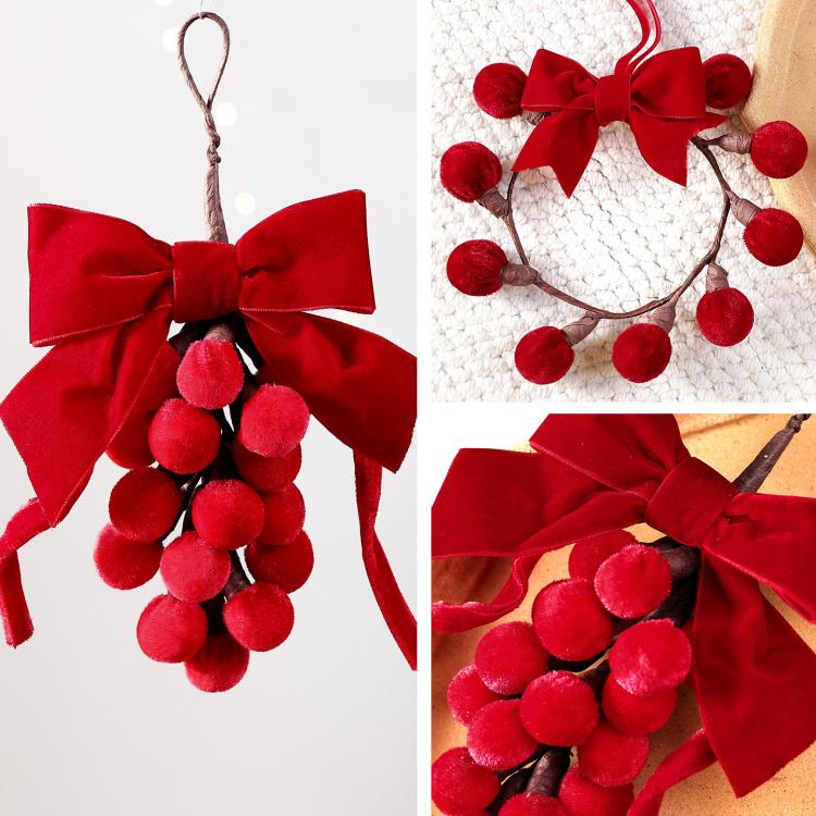 Red Velvet Bow Christmas Ornament Fabric Ball Cluster Berry Wreath Hanging Decor, Wreath, Grape Cluster