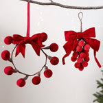 Red Velvet Bow Christmas Ornament Fabric Ball Cluster Berry Wreath Hanging Decor, Wreath, Grape Cluster