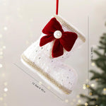 Christmas Boot Ornament with Red Velvet Bow & Pearl Accent 4.72 Inch Tweed Fabric Santa Boot Hanging Decor