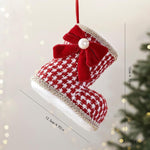 Christmas Boot Ornament with Red Velvet Bow & Pearl Accent 4.72 Inch Tweed Fabric Santa Boot Hanging Decor