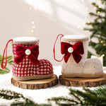 Christmas Boot Ornament with Red Velvet Bow & Pearl Accent 4.72 Inch Tweed Fabric Santa Boot Hanging Decor