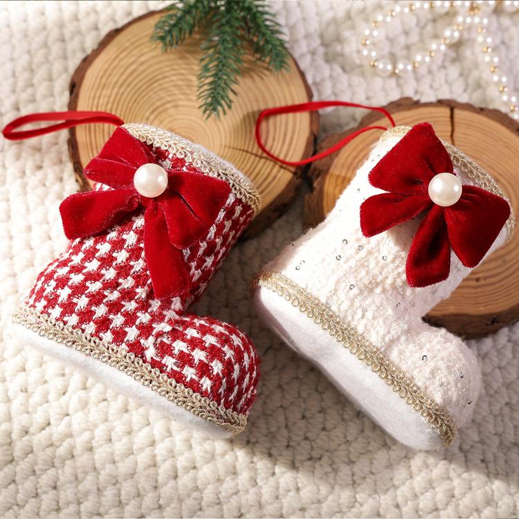 Christmas Boot Ornament with Red Velvet Bow & Pearl Accent 4.72 Inch Tweed Fabric Santa Boot Hanging Decor