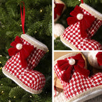 Christmas Boot Ornament with Red Velvet Bow & Pearl Accent 4.72 Inch Tweed Fabric Santa Boot Hanging Decor