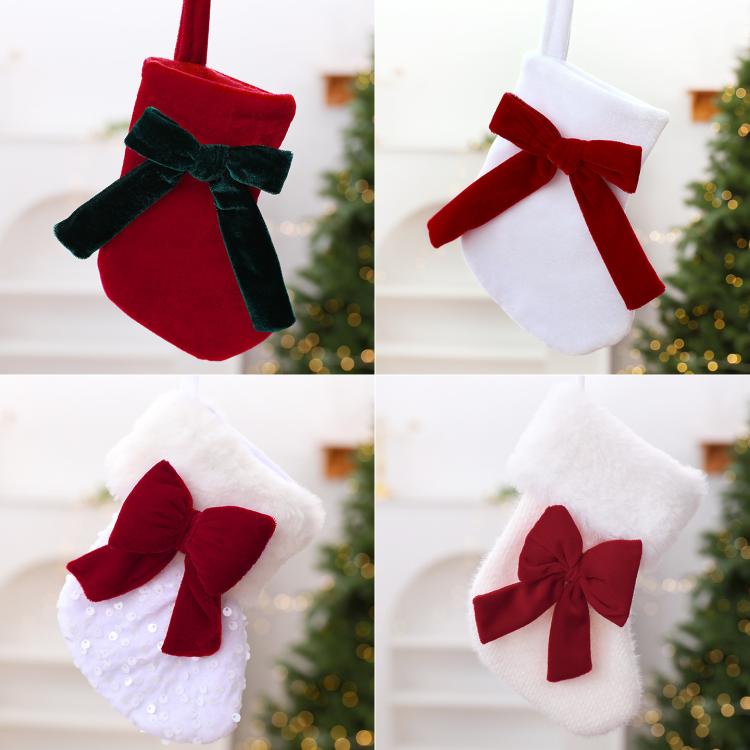 Velvet Christmas Stocking Ornament with Plush Bow Accent Mini Fabric Tree & Mantle Hanging Decor, Red & Green, Red & White, Red & White Knitted, Red & White Sequin