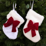 Velvet Christmas Stocking Ornament with Plush Bow Accent Mini Fabric Tree & Mantle Hanging Decor, Red & Green, Red & White, Red & White Knitted, Red & White Sequin