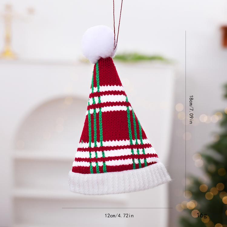 Mini Knitted Christmas Sweater & Santa Hat Ornament Plush Tree Hanging Decor, Hat Red, Hat Plaid, Cloth Plaid, Cloth Red