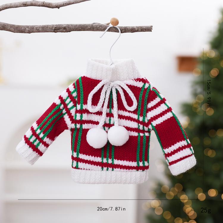 Mini Knitted Christmas Sweater & Santa Hat Ornament Plush Tree Hanging Decor, Hat Red, Hat Plaid, Cloth Plaid, Cloth Red