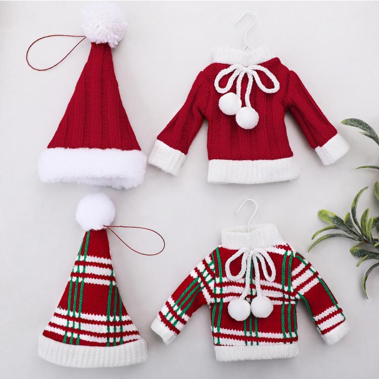 Mini Knitted Christmas Sweater & Santa Hat Ornament Plush Tree Hanging Decor, Hat Red, Hat Plaid, Cloth Plaid, Cloth Red