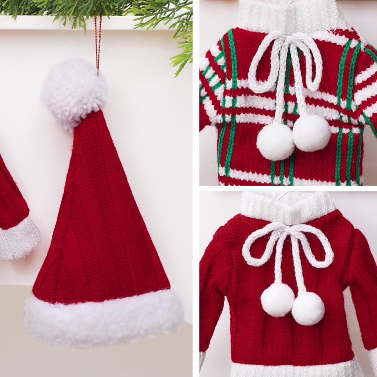 Mini Knitted Christmas Sweater & Santa Hat Ornament Plush Tree Hanging Decor, Hat Red, Hat Plaid, Cloth Plaid, Cloth Red