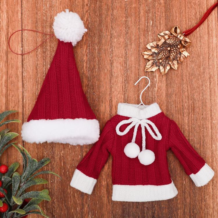 Mini Knitted Christmas Sweater & Santa Hat Ornament Plush Tree Hanging Decor, Hat Red, Hat Plaid, Cloth Plaid, Cloth Red