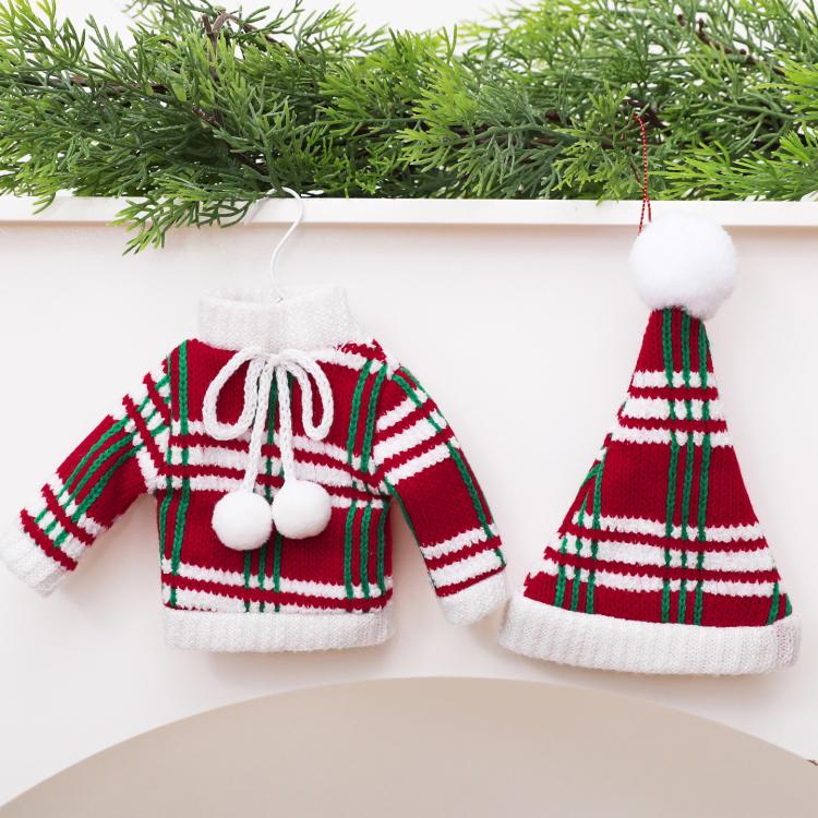 Mini Knitted Christmas Sweater & Santa Hat Ornament Plush Tree Hanging Decor, Hat Red, Hat Plaid, Cloth Plaid, Cloth Red