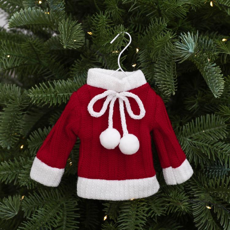 Mini Knitted Christmas Sweater & Santa Hat Ornament Plush Tree Hanging Decor, Hat Red, Hat Plaid, Cloth Plaid, Cloth Red