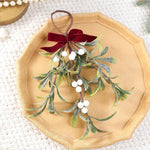 Artificial Mistletoe Hanging Ornament with Red Velvet Bow 11.8 Inch Frosted Greenery Berry Swag Decor