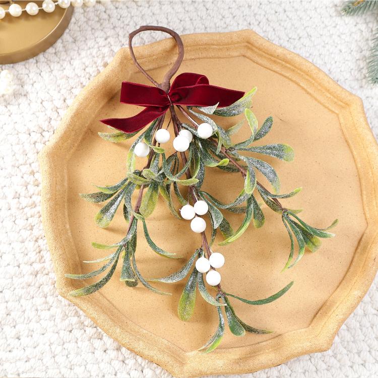 Artificial Mistletoe Hanging Ornament with Red Velvet Bow 11.8 Inch Frosted Greenery Berry Swag Decor
