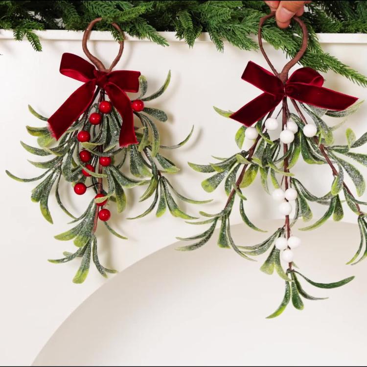Artificial Mistletoe Hanging Ornament with Red Velvet Bow 11.8 Inch Frosted Greenery Berry Swag Decor