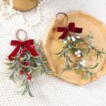 Artificial Mistletoe Hanging Ornament with Red Velvet Bow 11.8 Inch Frosted Greenery Berry Swag Decor