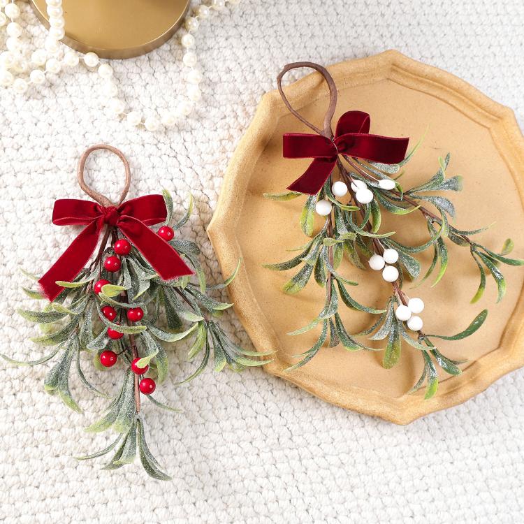 Artificial Mistletoe Hanging Ornament with Red Velvet Bow 11.8 Inch Frosted Greenery Berry Swag Decor