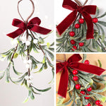 Artificial Mistletoe Hanging Ornament with Red Velvet Bow 11.8 Inch Frosted Greenery Berry Swag Decor