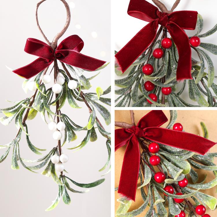 Artificial Mistletoe Hanging Ornament with Red Velvet Bow 11.8 Inch Frosted Greenery Berry Swag Decor