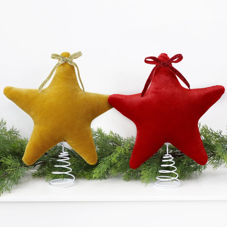 11 Inch Christmas Tree Topper Star Plush Velvet 3D Star Topper with Bow & Spiral Base