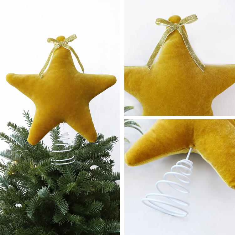 11 Inch Christmas Tree Topper Star Plush Velvet 3D Star Topper with Bow & Spiral Base