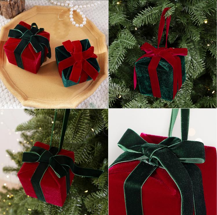 3.15 Inch Velvet Christmas Gift Box Ornaments Plush Present Baubles for Christmas Tree Decor