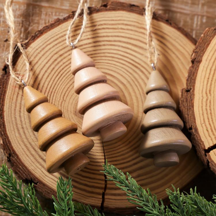 3 PCS/Set Wooden Christmas Tree Ornaments Wood Tree Hanging Pendant Baubles for Rustic Holiday Decor