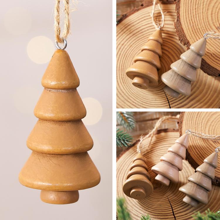 3 PCS/Set Wooden Christmas Tree Ornaments Wood Tree Hanging Pendant Baubles for Rustic Holiday Decor