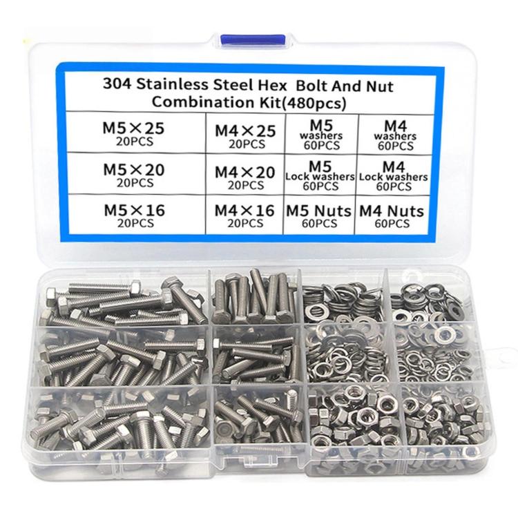 Hex Head Bolts 304 Stainless Steel Hex Bolt Nut Washer Combination Assortment Kit, 240 PCS/Box, 480 PCS/Box, 520 PCS/Box